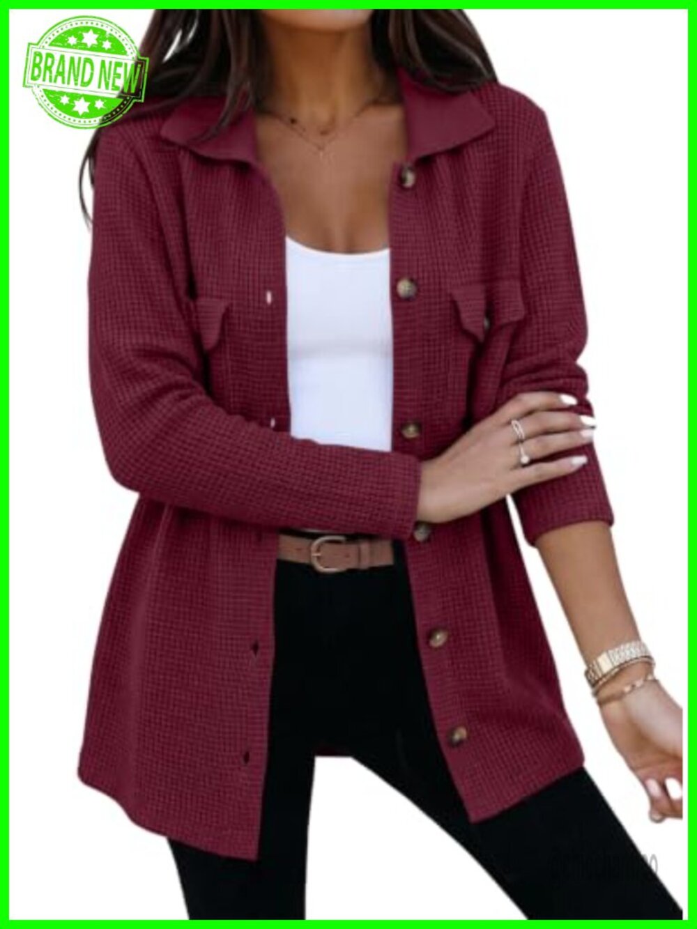 Waffle Chunky Knit Cardigan Shacket Button Down Loose Fit Sweater